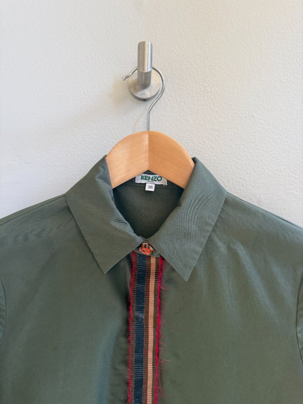 Kenzo Paris Olive Green Asymmetric Cotton Poplin Blouse Tiger Buttons - Picture 3 of 10